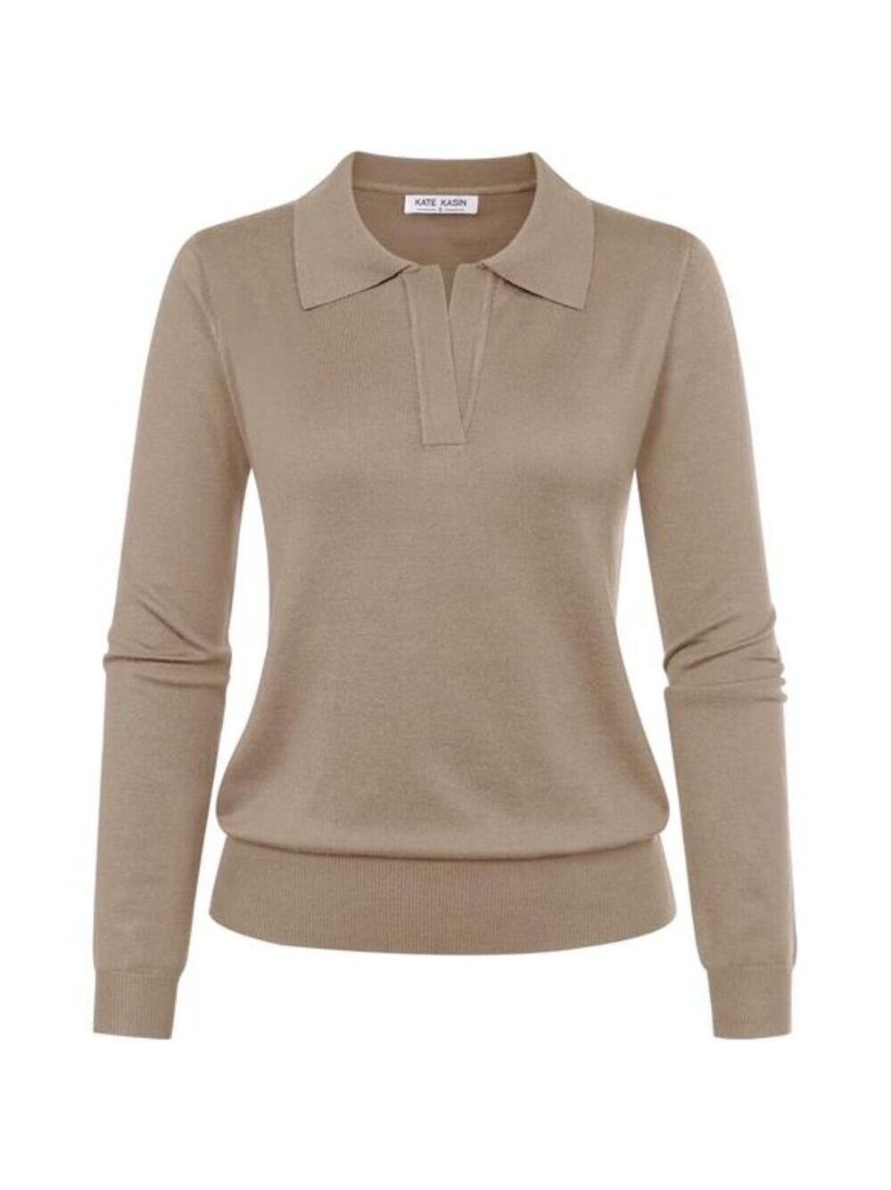 Womens Long Sleeve Polo Sweater V Neck Ribbed Knit Pullover Casual Top